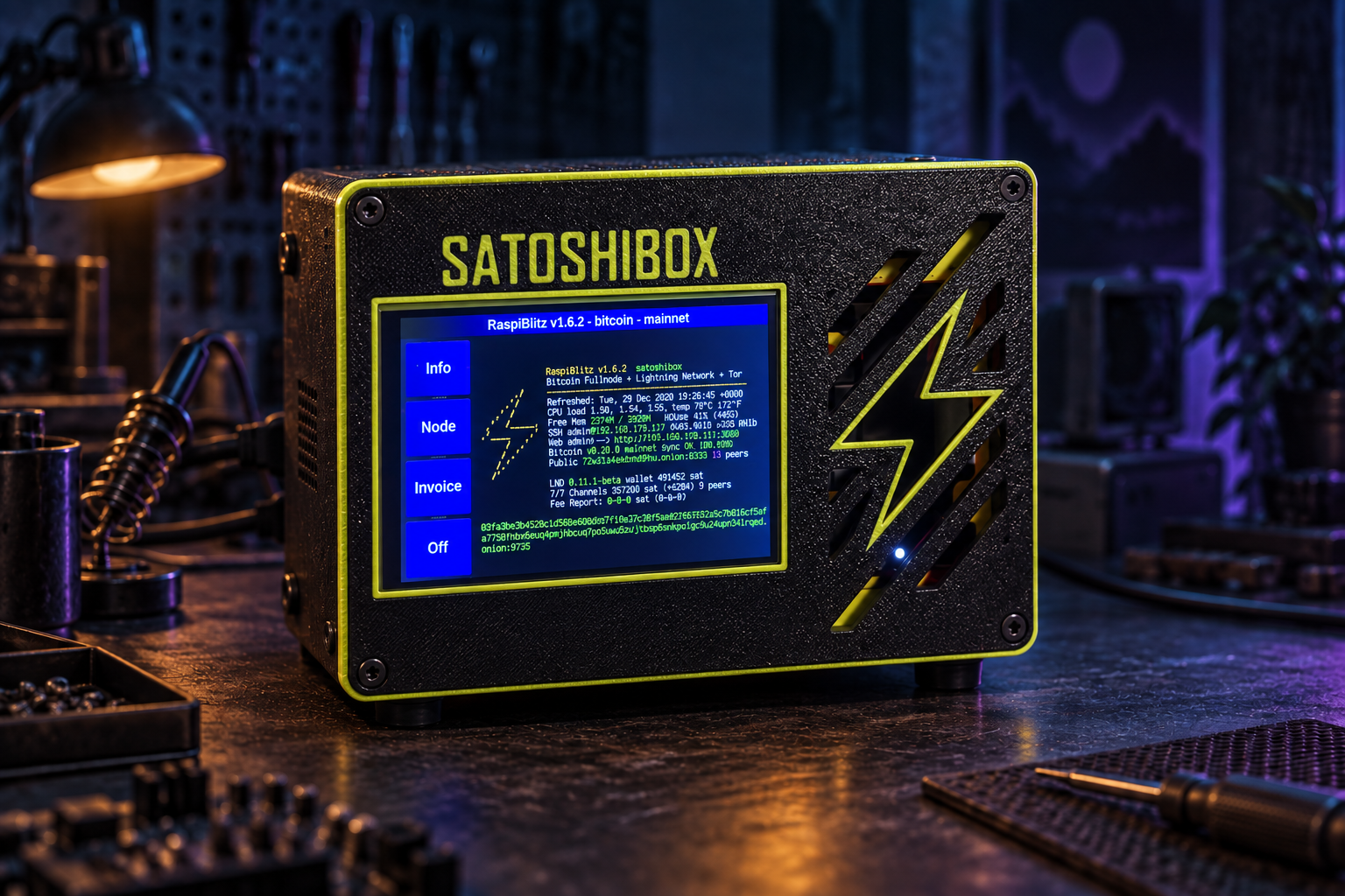 SatoshiBox with its black textured case, lime trim and blue RaspiBlitz display, composited into an electronics workshop